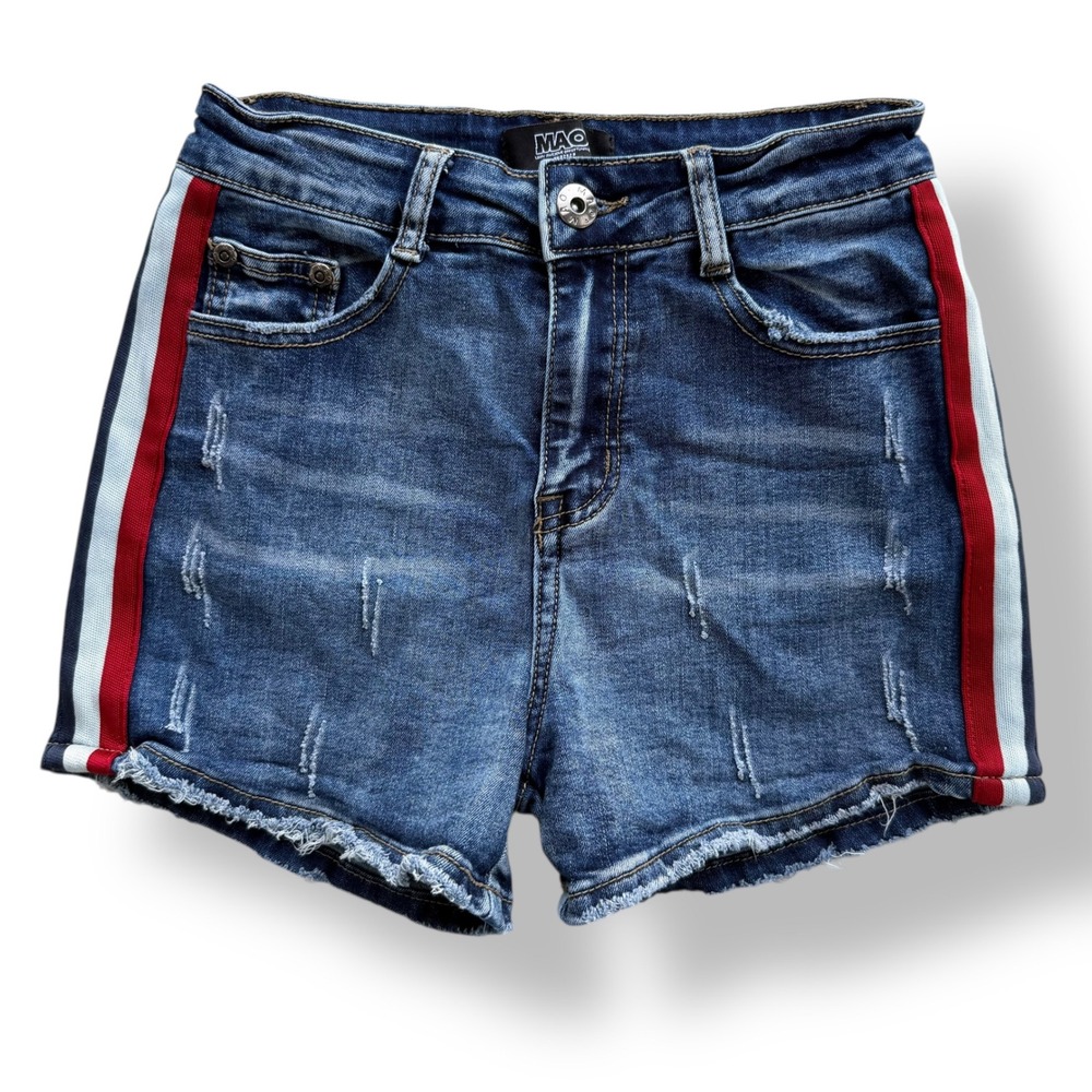 MAO Many Awesome Opportunities Junior M Distressed‎ Side Stripe Denim Shorts Y2K